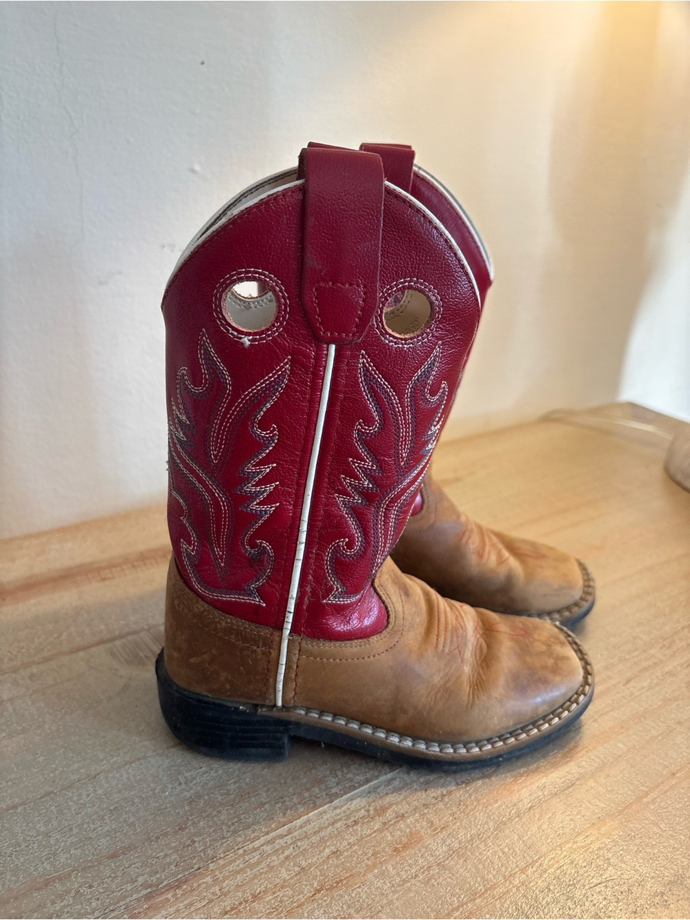 Old West Tan Leather and Red Western Kids’ Coyboy Boots Unisex Size 10.5 D